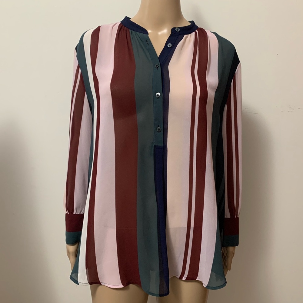 Ann Taylor Sheer Half Button Up Striped Blouse size M